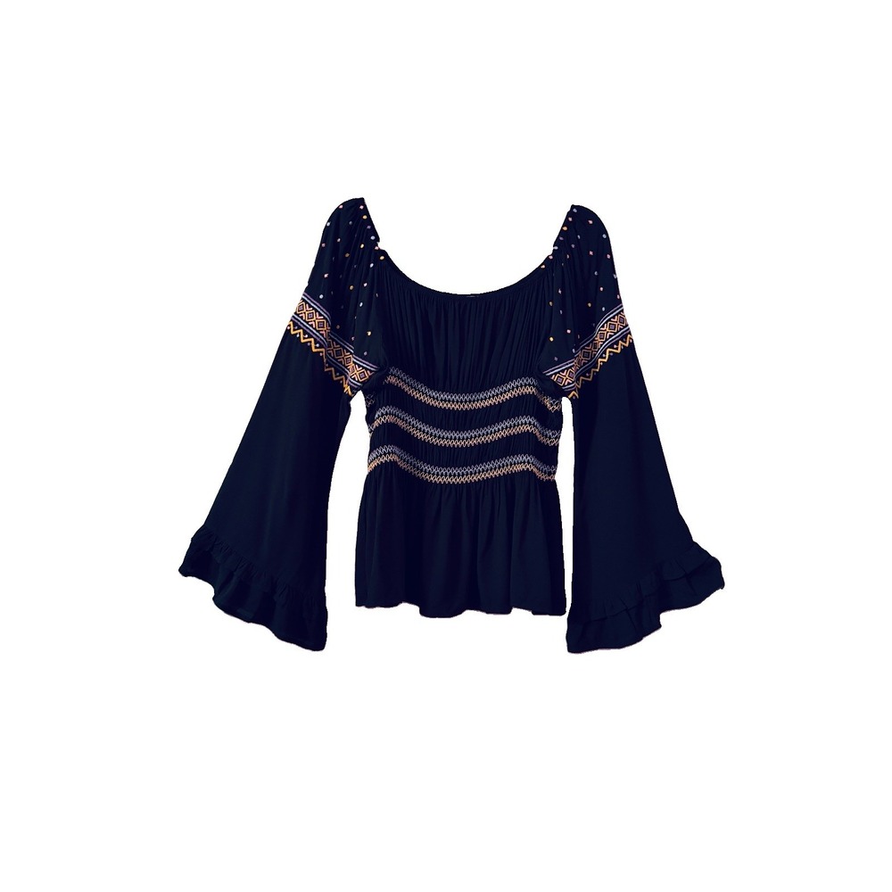 Savanna Jane Peasant Top Size L Smocked Embroidered Bell Sleeve Fairy Grunge